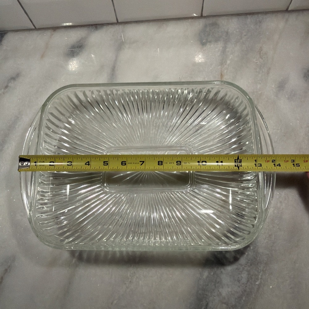Vtg Oven-proof Ribbed Casserole Dish Rectangle 14x8" MCM Vtg Pressed Glass GW996 - Picture 9 of 10